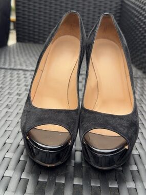 Nando Muzi Black Suede Peep-Toe Pumps with Glossy Black Platform